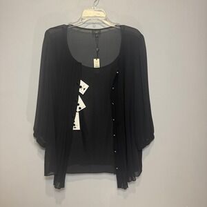 Talbots Woman Black Pleated Sheer Layered Blouse‎ Top 14W NWT
